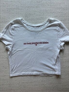 White Crop Tee with Red Script Graphic, Size XS/S